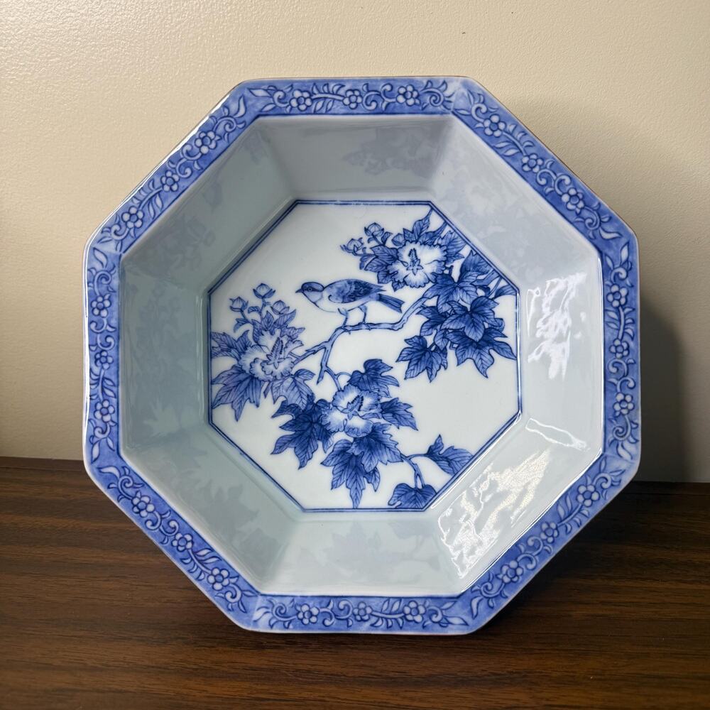 Vintage Asian Octagon Porcelain Bowk with Birds and Floral Motif